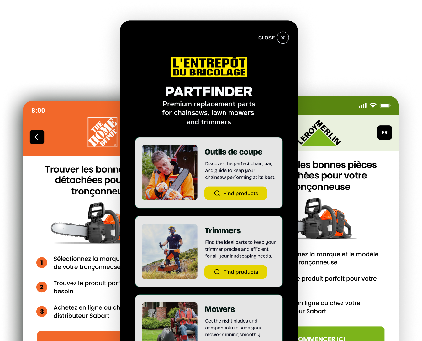 Previews of the white-label Oregon widget: Home Depot, L'Entrepôt du Bricolage, Leroy Merlin