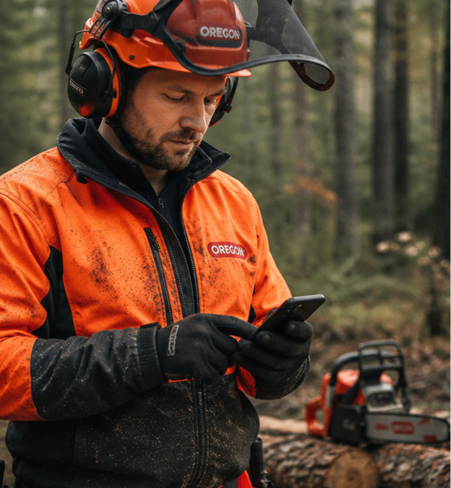 Oregon user in the forest checking the widget on a smartphone